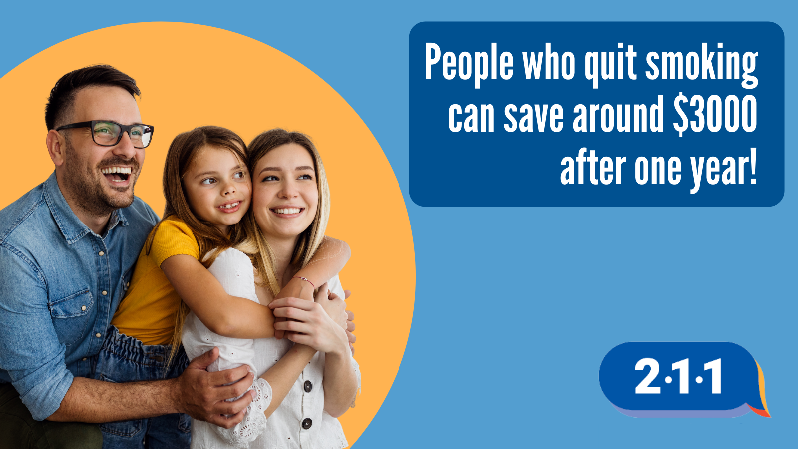 Caucasian smiling family and text: People who quit smoking can save around $3000 after one year! 2-1-1